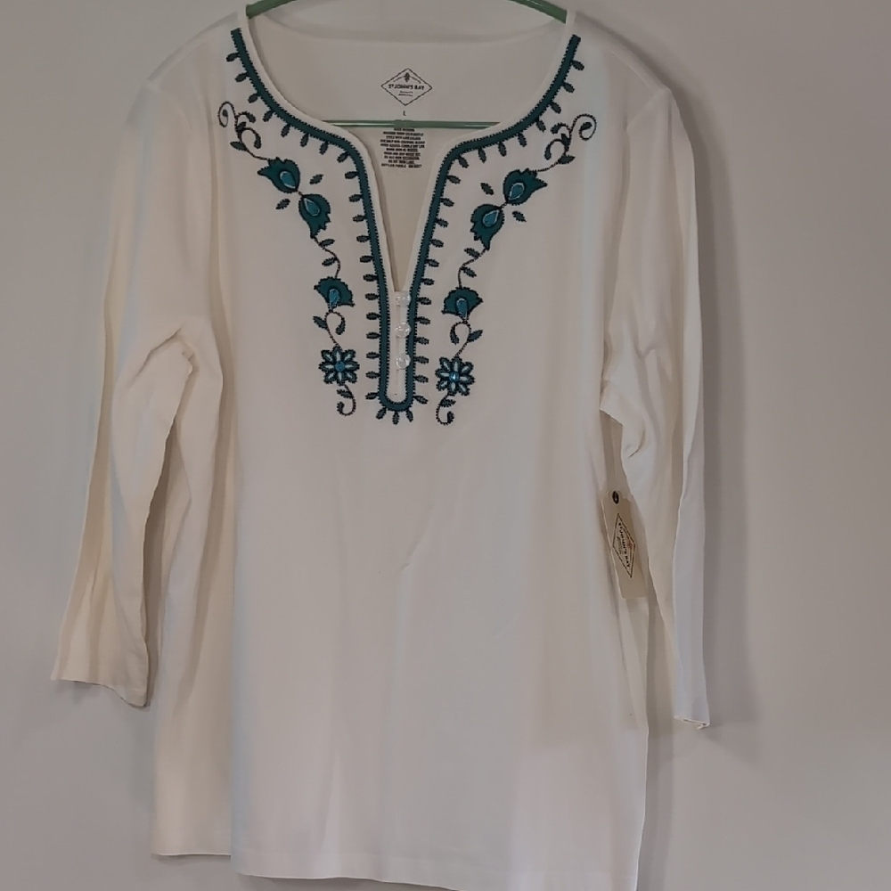 St. John's Bay | NWT Ivory With Teal Embroidery 3/4 Sleeve Top Size L - Picture 2 of 7